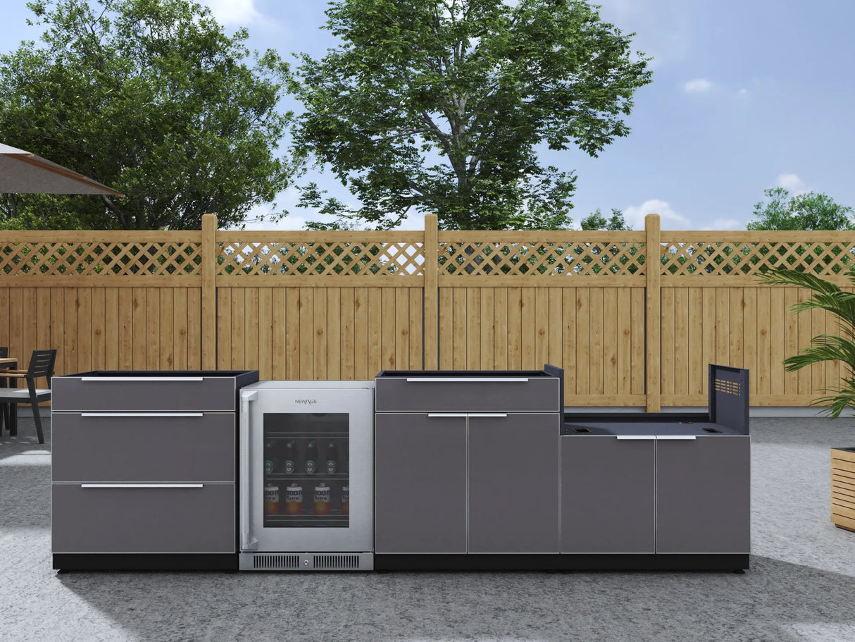 Outdoor Kitchen Aluminum 4 Piece Cabinet Set with 3-Drawer, Bar, Grill Cabinet and Fridge