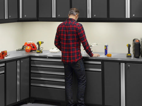 Pro Series 7 Piece Cabinet Set with Base, Wall, Tool Drawer Cabinet, Lockers and 56 In. Worktop