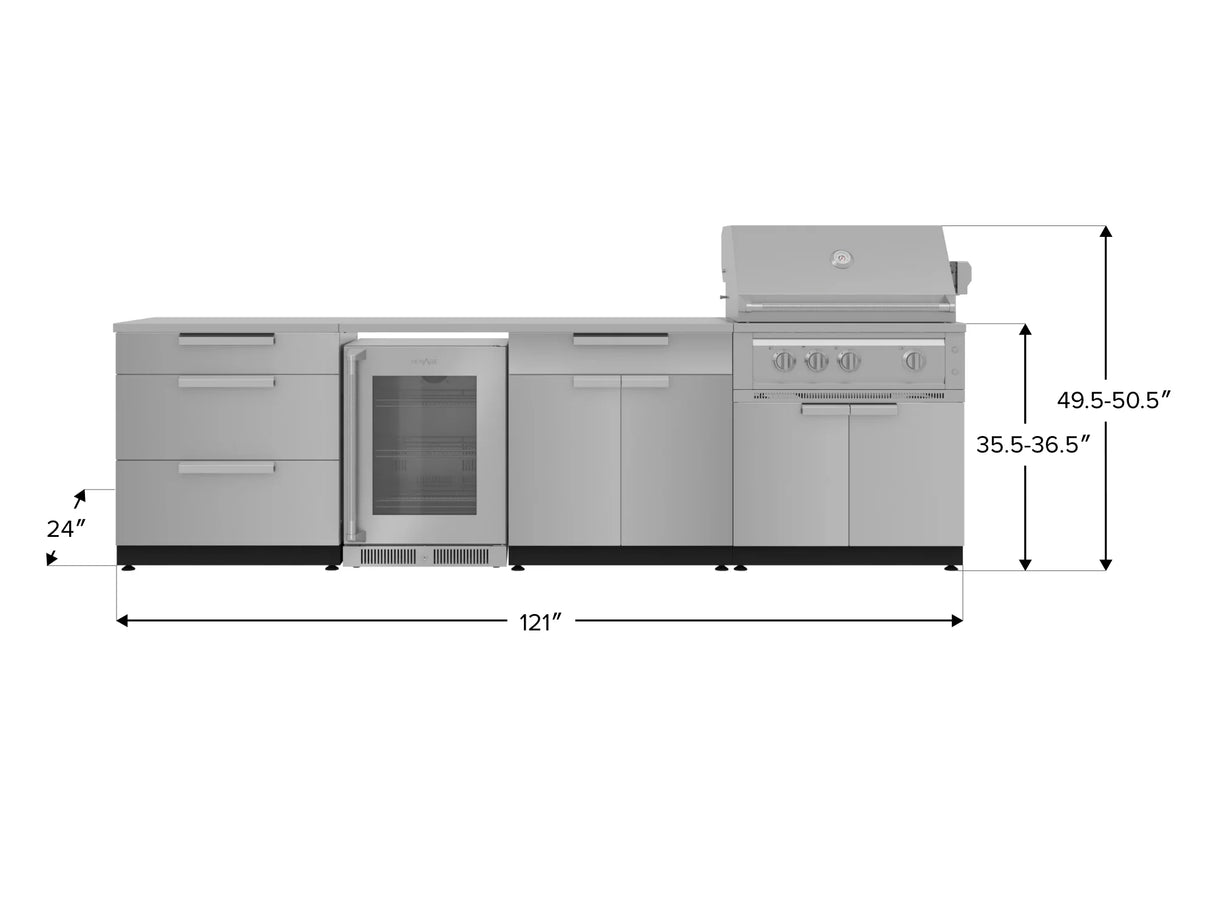 Outdoor Kitchen Stainless Steel 7 Piece Cabinet Set with 3-Drawer, Bar, Grill Cabinet, Platinum Grill, Countertop, and Glass Door Fridge