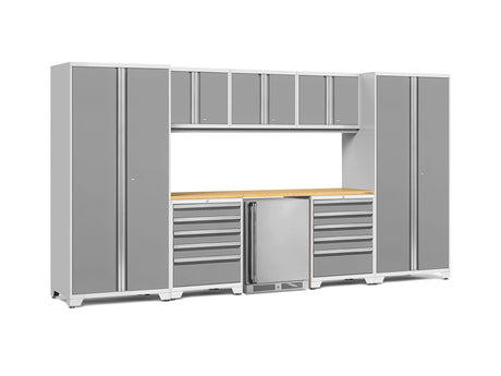 Pro Series 9 Piece Cabinet Set with Wall, Tool Drawer Cabinet, Lockers, and Stainless Steel Door Fridge