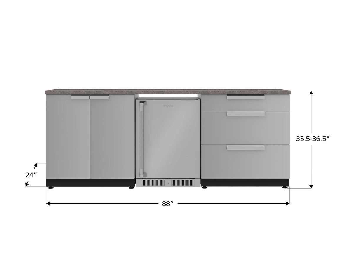 Outdoor Kitchen Stainless Steel 5 Piece Cabinet Set with 3-Drawer, 2-Door Cabinet, Countertops and Fridge