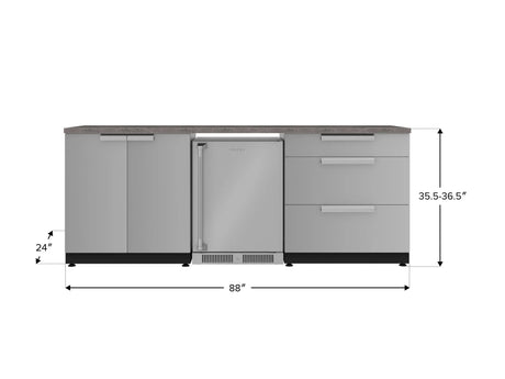 Outdoor Kitchen Stainless Steel 5 Piece Cabinet Set with 3-Drawer, 2-Door Cabinet, Countertops and Fridge