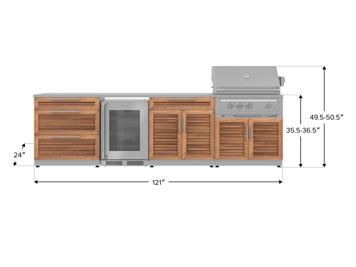 Outdoor Kitchen Stainless Steel 7 Piece Cabinet Set with 3-Drawer, Bar, Grill Cabinet, Platinum Grill, Countertop, and Glass Door Fridge