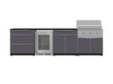 Outdoor Kitchen Aluminum 7 Piece Cabinet Set with 3-Drawer, Bar, Grill Cabinet, Performance Grill, Countertops and Glass Door Fridge