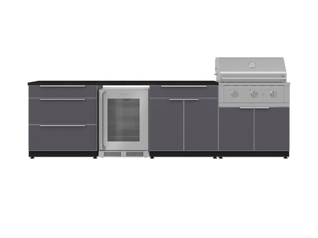 Outdoor Kitchen Aluminum 7 Piece Cabinet Set with 3-Drawer, Bar, Grill Cabinet, Performance Grill, Countertops and Glass Door Fridge