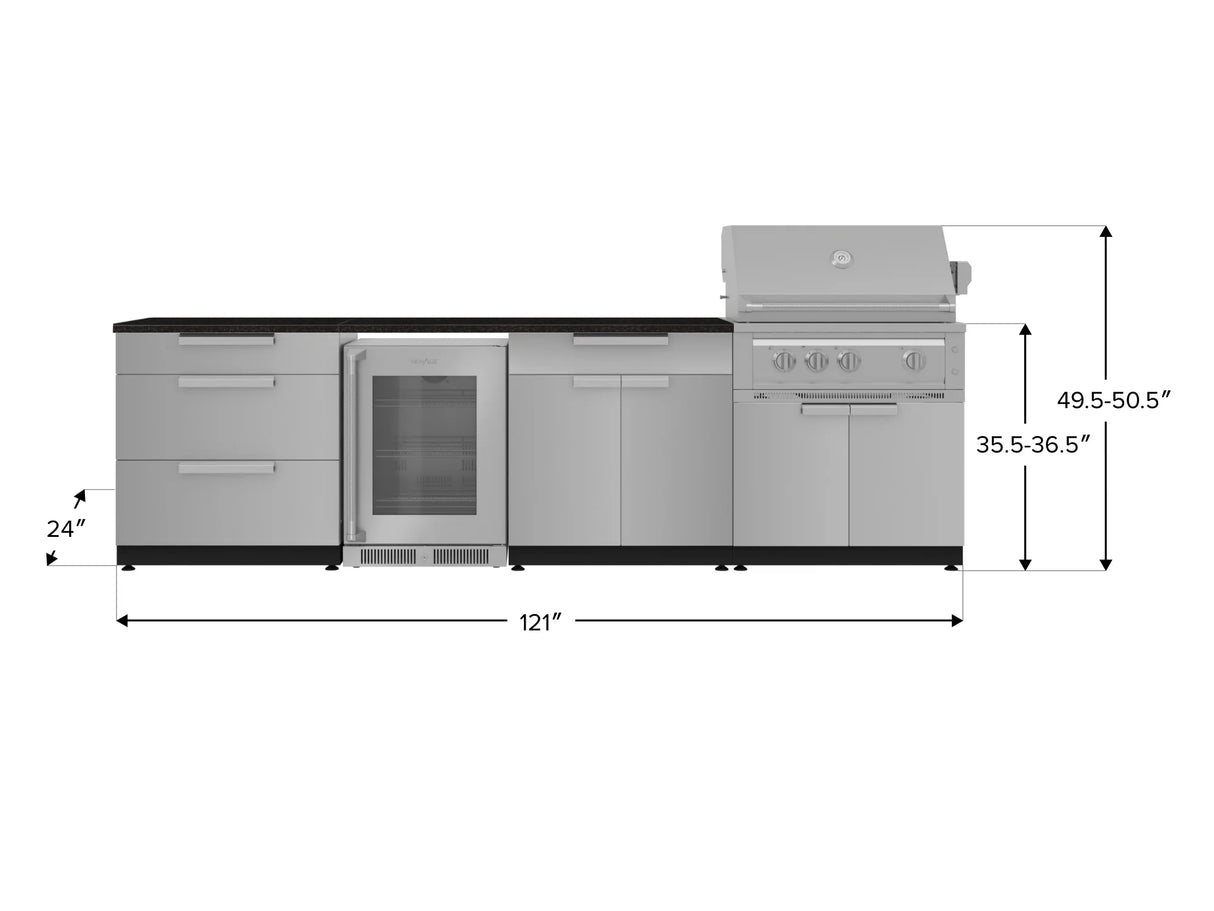 Outdoor Kitchen Stainless Steel 7 Piece Cabinet Set with 3-Drawer, Bar, Grill Cabinet, Platinum Grill, Countertop, and Glass Door Fridge