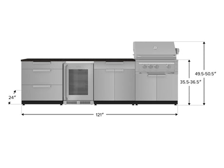 Outdoor Kitchen Stainless Steel 7 Piece Cabinet Set with 3-Drawer, Bar, Grill Cabinet, Platinum Grill, Countertop, and Glass Door Fridge