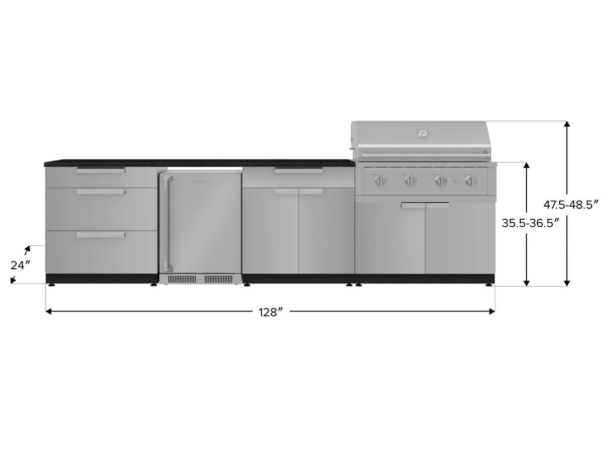 Outdoor Kitchen Stainless Steel 7 Piece Cabinet Set with 3-Drawer, Bar, Grill Cabinet, Performance Grill, Countertop, and Stainless Steel Door Fridge