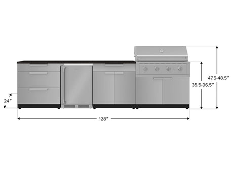 Outdoor Kitchen Stainless Steel 7 Piece Cabinet Set with 3-Drawer, Bar, Grill Cabinet, Performance Grill, Countertop, and Stainless Steel Door Fridge