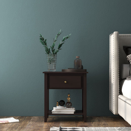 Nightstand with Drawer and Storage Shelf for Bedroom Living Room-Espresso
