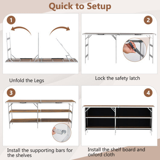 Aluminum Portable Picnic Table with 2-Tier Open Shelves and Spacious Tabletop-Coffee
