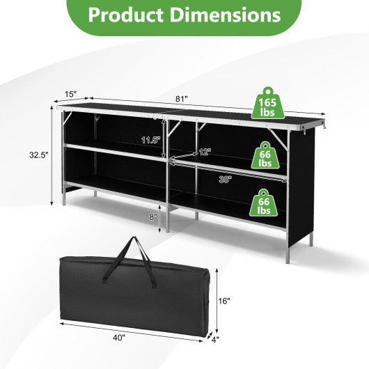 Aluminum Portable Picnic Table with 2-Tier Open Shelves and Spacious Tabletop-Black