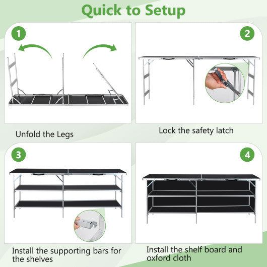 Aluminum Portable Picnic Table with 2-Tier Open Shelves and Spacious Tabletop-Black