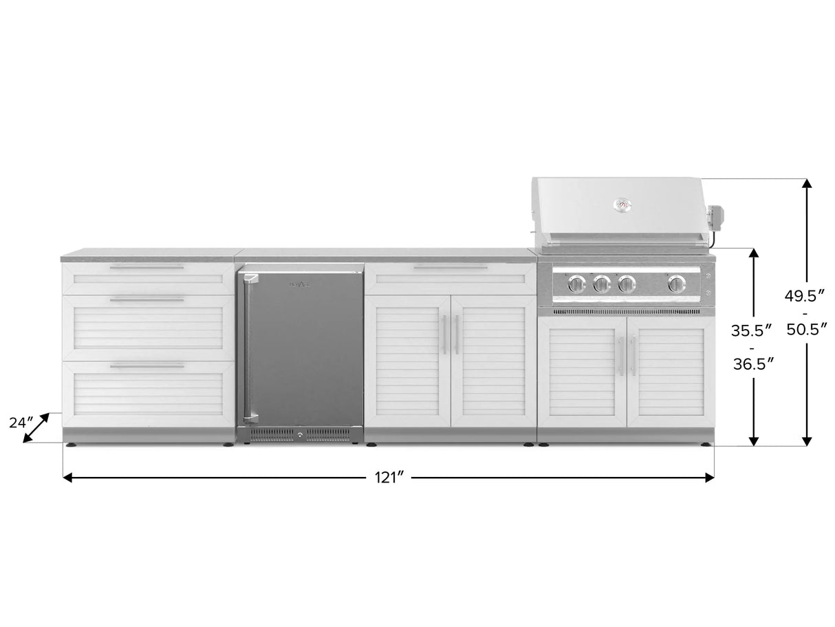 Outdoor Kitchen Stainless Steel 7 Piece Cabinet Set with 3-Drawer, Bar, Grill Cabinet, Platinum Grill, Countertop, and Stainless Steel Door Fridge