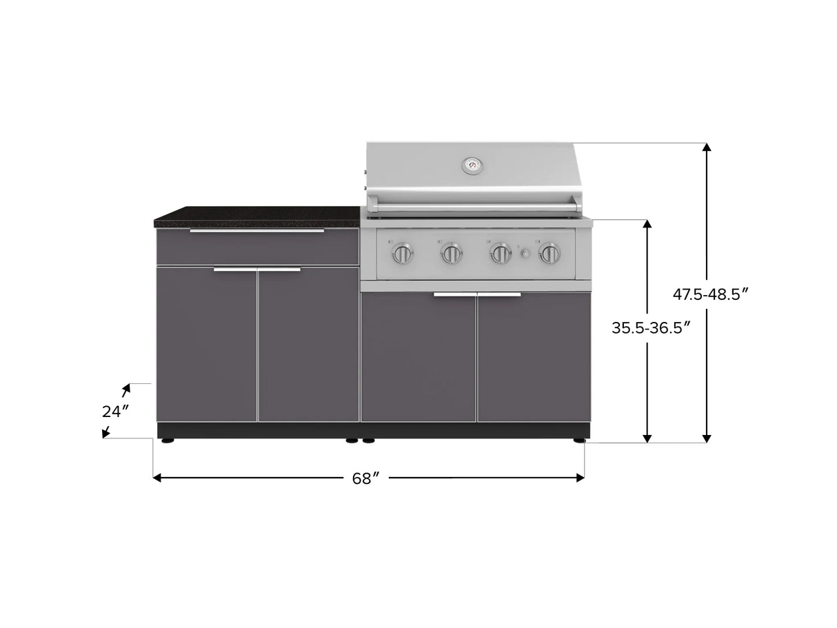 Outdoor Kitchen Aluminum 4 Piece Cabinet Set with Bar, Grill Cabinet, Performance Grill, and Countertop