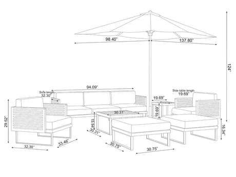 Monterey 7 Seater Chat Set with Coffee Table, Side Table and Umbrella