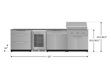 Outdoor Kitchen Stainless Steel 7 Piece Cabinet Set with 3-Drawer, Bar, Grill Cabinet, Performance Grill, Countertops, and Glass Door Fridge