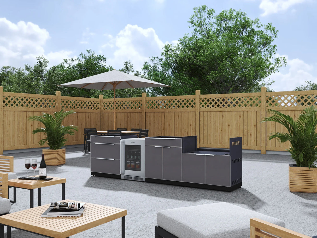 Outdoor Kitchen Aluminum 4 Piece Cabinet Set with 3-Drawer, Bar, Grill Cabinet and Fridge