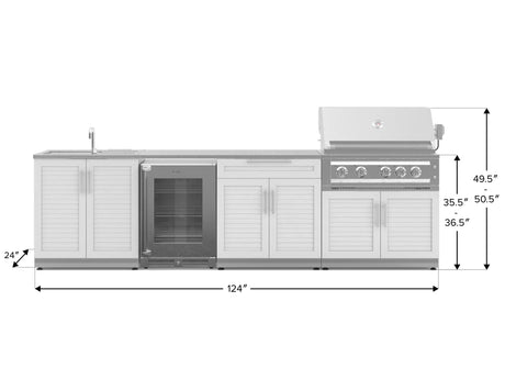 Outdoor Kitchen Stainless Steel 6 Piece Cabinet Set with Sink, Bar, Grill Cabinet, Platinum Grill, Countertop and Glass Door Fridge