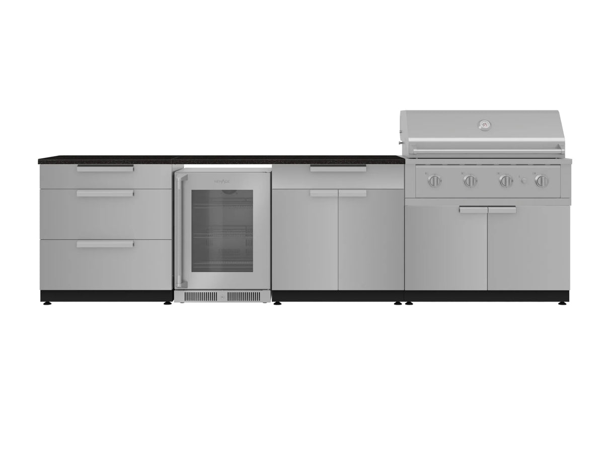 Outdoor Kitchen Stainless Steel 7 Piece Cabinet Set with 3-Drawer, Bar, Grill Cabinet, Performance Grill, Countertops, and Glass Door Fridge