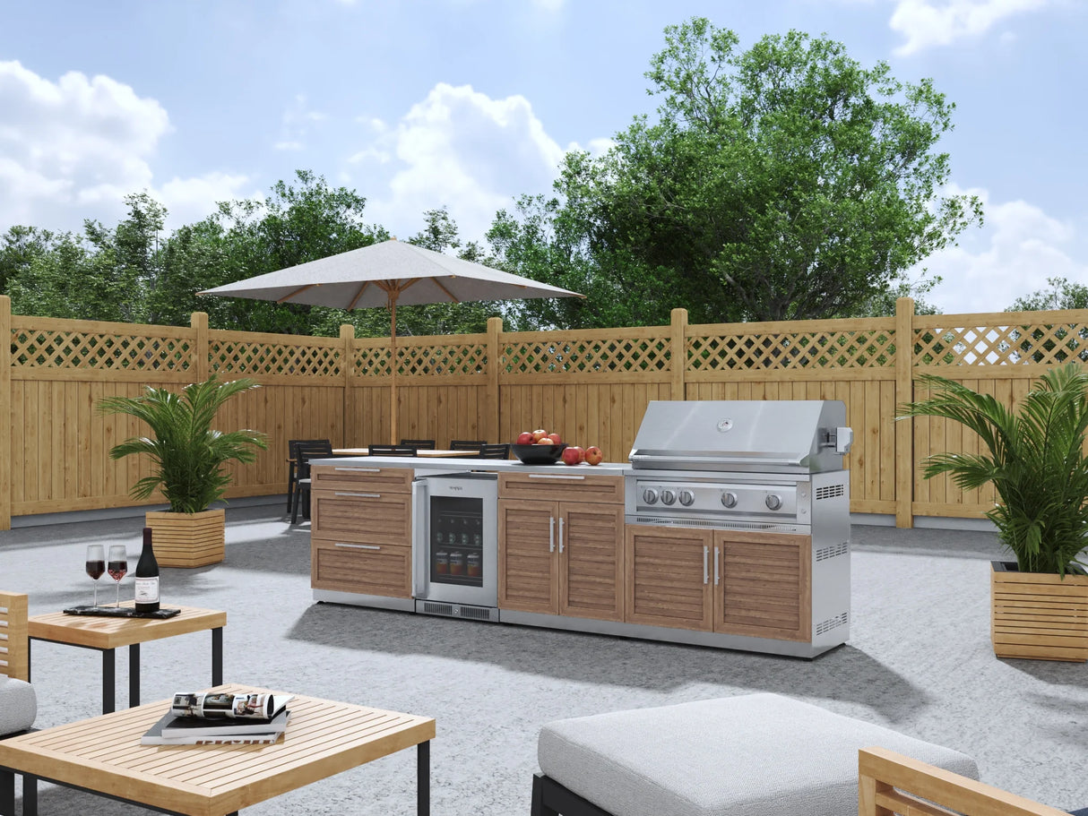 Outdoor Kitchen Stainless Steel 7 Piece Cabinet Set with 3-Drawer, Bar, Grill Cabinet, Platinum Grill, Countertop, and Glass Door Fridge