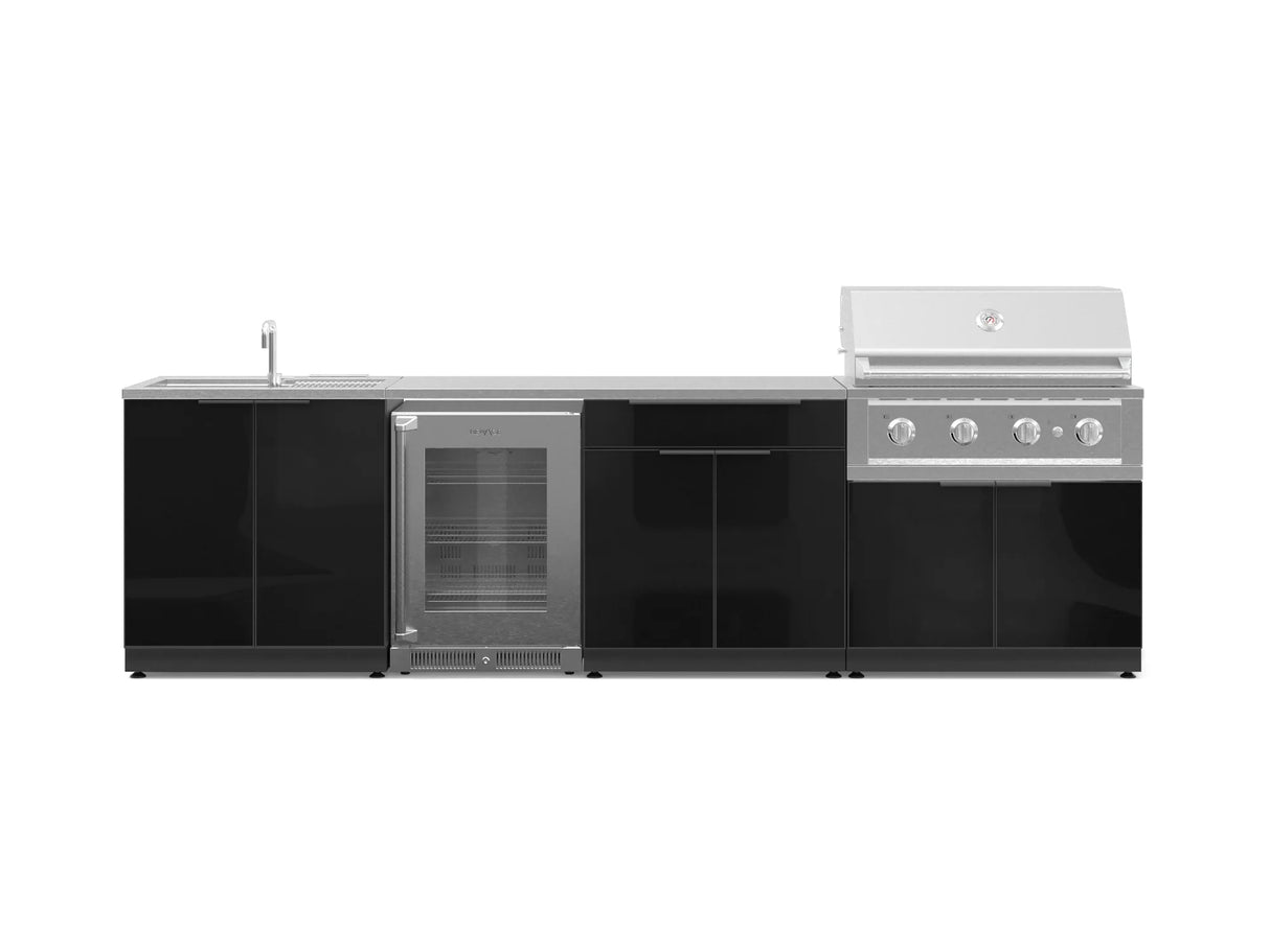 Outdoor Kitchen Aluminum 6 Piece Cabinet Set with Sink, Bar, Grill Cabinet, Performance Grill, Countertop and Glass Door Fridge