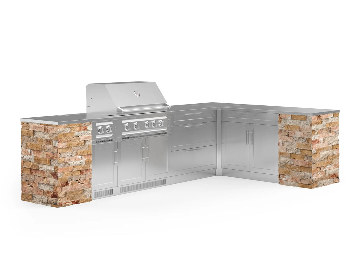 Outdoor Kitchen Signature Series 11 Piece L Shaped Cabinet Set with 3 Drawer, Bar, Dual Side Burner, Grill and Grill Cabinet