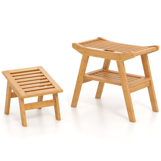Bamboo Shower Seat Bench with Underneath Storage Shelf-Natural