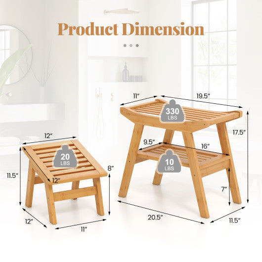Bamboo Shower Seat Bench with Underneath Storage Shelf-Natural