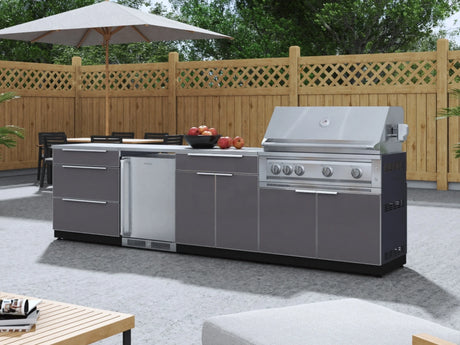 Outdoor Kitchen Aluminum 6 Piece Cabinet Set with Platinum Grill, Dual Side Burner, Bar and Grill Cabinet and Stainless Steel Countertop