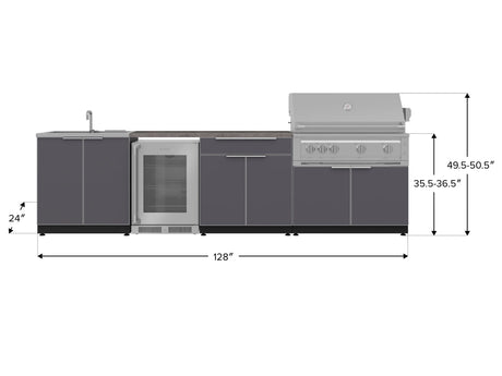 Outdoor Kitchen Aluminum 6 Piece Cabinet Set with Sink, Bar, Grill Cabinet, Platinum Grill, Countertop and Glass Door Fridge