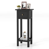 2 Tier Slim Nightstand Bedside Table with Drawer Shelf-Black