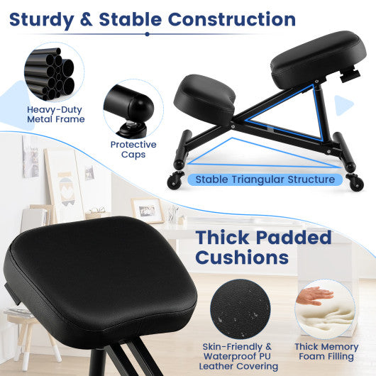 Adjustable Ergonomic Kneeling Chair with Upgraded Gas Spring Rod and Thick Foam Cushions-Black