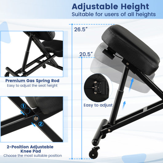 Adjustable Ergonomic Kneeling Chair with Upgraded Gas Spring Rod and Thick Foam Cushions-Black