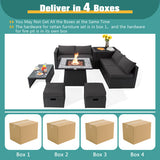 9 Pieces Outdoor Wicker Sectional with 35 Inch Gas Fire Pit Table-Gray