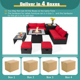 9 Pieces Outdoor Wicker Sectional with 35 Inch Gas Fire Pit Table-Red