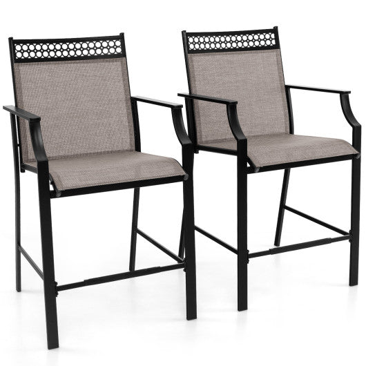 Outdoor Counter Stools Set of 2 Heavy-Duty Barstools with Footrest and Armrests-Coffee