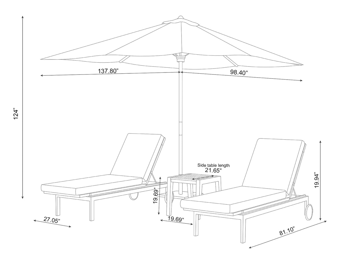 Rhodes Chaise Lounge (Set of 2) with Side Table and Umbrella