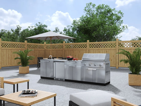 Outdoor Kitchen Stainless Steel 6 Piece Cabinet Set with Sink, Bar, Grill Cabinet, Performance Grill, Countertop and Stainless Steel Door Fridge