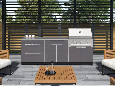 Outdoor Kitchen Aluminum 6 Piece Cabinet Set with Platinum Grill, Dual Side Burner, Bar and Grill Cabinet and Stainless Steel Countertop