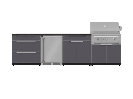 Outdoor Kitchen Aluminum 7 Piece Cabinet Set with 3-Drawer, Bar, Grill Cabinet, Platinum Grill, Countertops and Stainless Steel Door Fridge