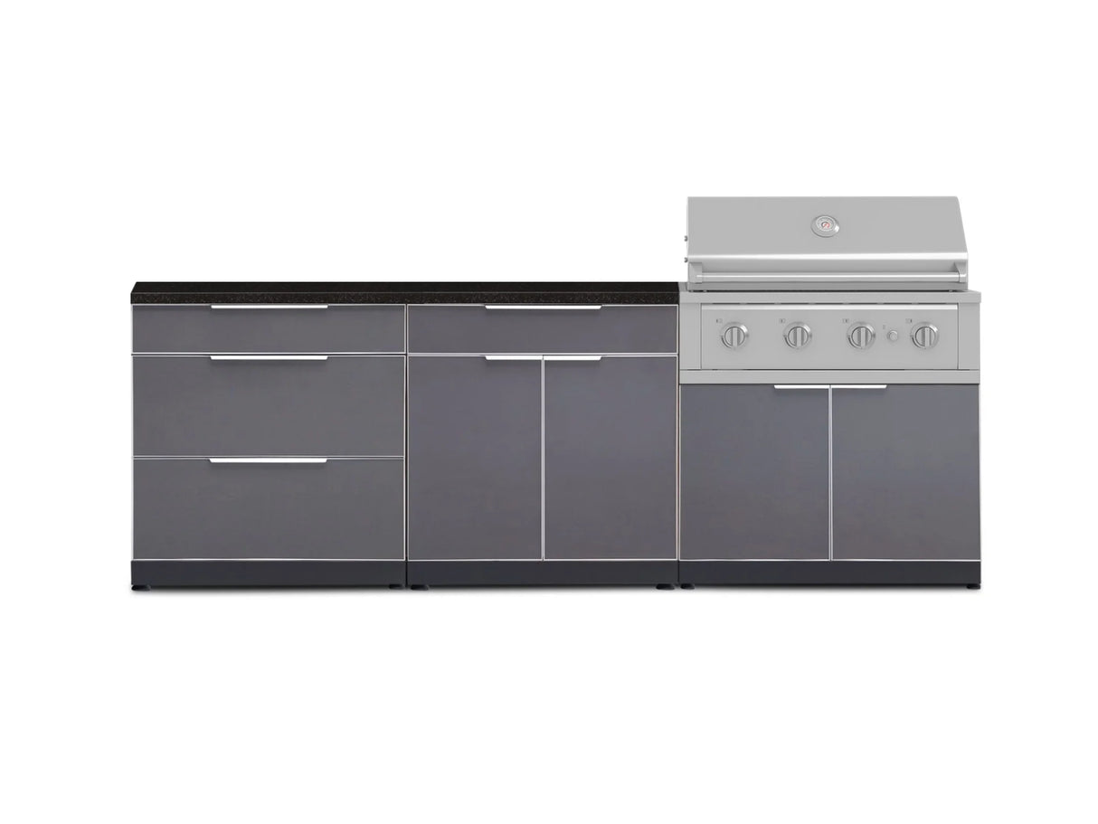 Outdoor Kitchen Aluminum 5 Piece Cabinet Set with 3 Drawer, Bar, Grill Cabinet, Performance Grill and Countertop