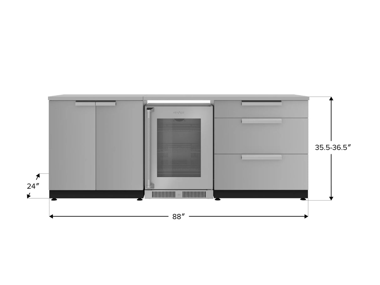 Outdoor Kitchen Stainless Steel 5 Piece Cabinet Set with 3-Drawer, 2-Door Cabinet, Countertops and Fridge