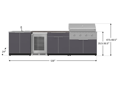 Outdoor Kitchen Aluminum 6 Piece Cabinet Set with Sink, Bar, Grill Cabinet, Performance Grill, Countertop and Glass Door Fridge