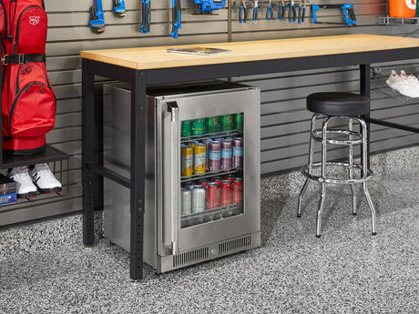 Pro Series 9 Piece Cabinet Set with Wall, Tool Drawer Cabinet, Lockers, and Glass Door Fridge