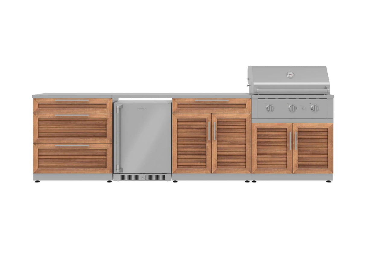 Outdoor Kitchen Stainless Steel 7 Piece Cabinet Set with 3-Drawer, Bar, Grill Cabinet, Performance Grill, Countertop, and Stainless Steel Door Fridge