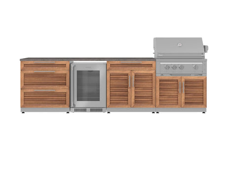 Outdoor Kitchen Stainless Steel 7 Piece Cabinet Set with 3-Drawer, Bar, Grill Cabinet, Platinum Grill, Countertop, and Glass Door Fridge