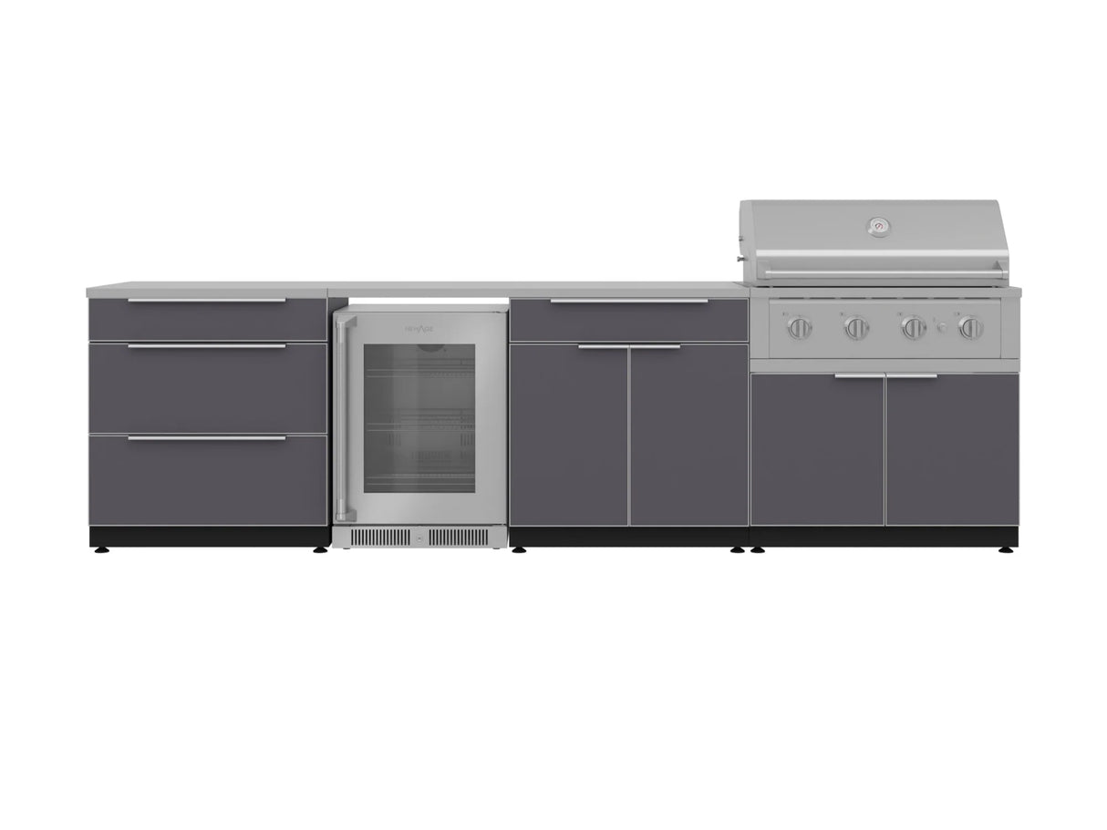 Outdoor Kitchen Aluminum 7 Piece Cabinet Set with 3-Drawer, Bar, Grill Cabinet, Performance Grill, Countertops and Glass Door Fridge