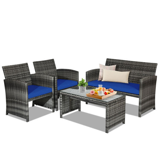 4 Pieces Patio Rattan Furniture Set with Glass Table and Loveseat-Navy