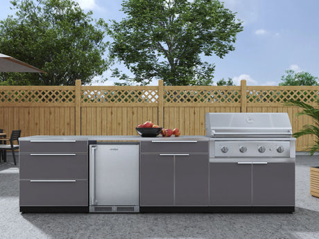 Outdoor Kitchen Aluminum 7 Piece Cabinet Set with 3-Drawer, Bar, Grill Cabinet, Performance Grill, Countertops and Stainless Steel Door Fridge